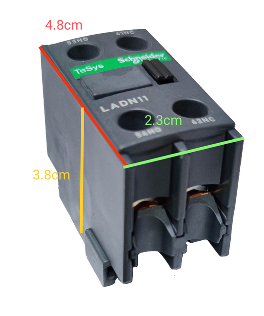 Schneider Auxiliary Contact LADN11 black power point switch component with labeled dimensions