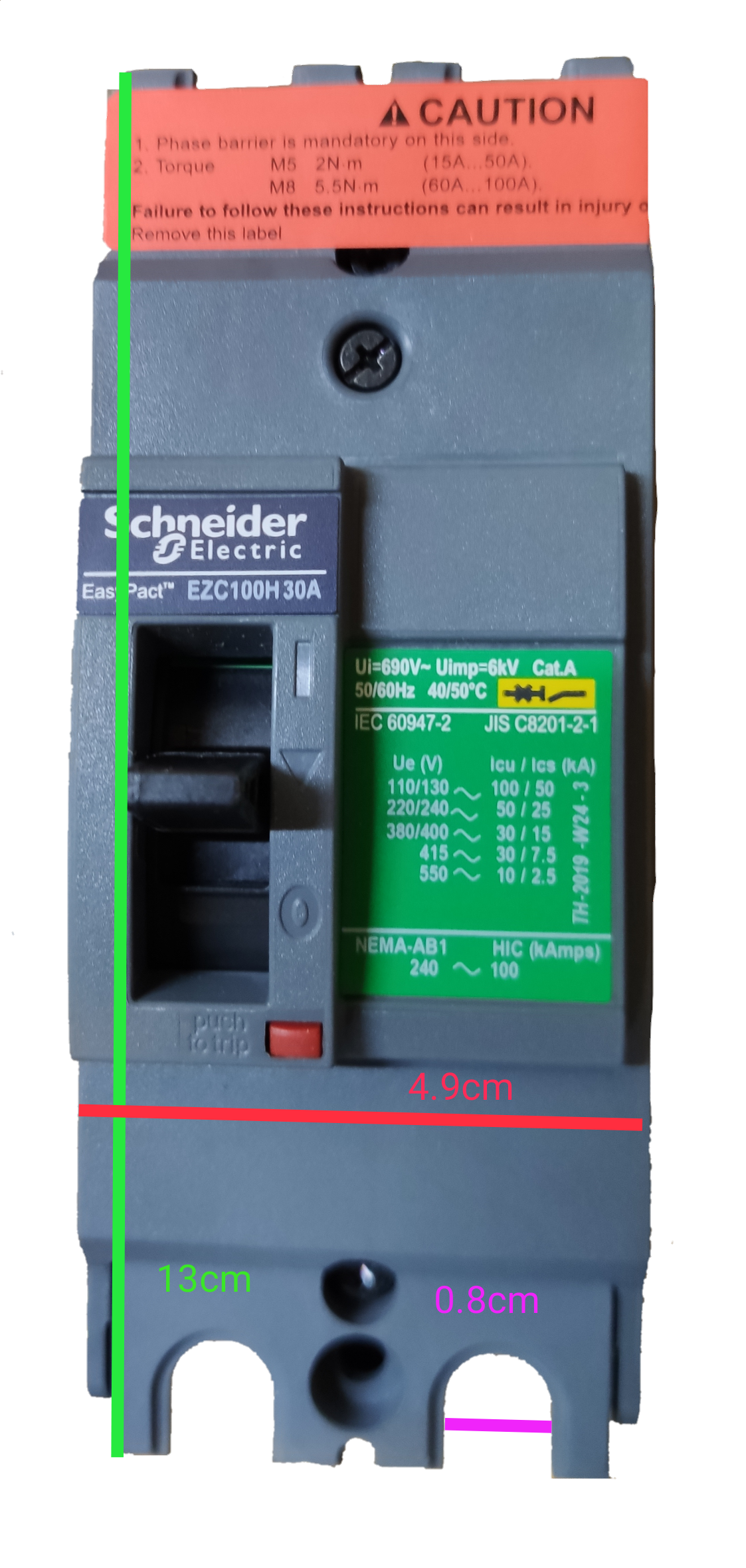 Schneider 100A 2 Pole Breaker Industrial Easy Pact electrical circuit breaker with safety warning label