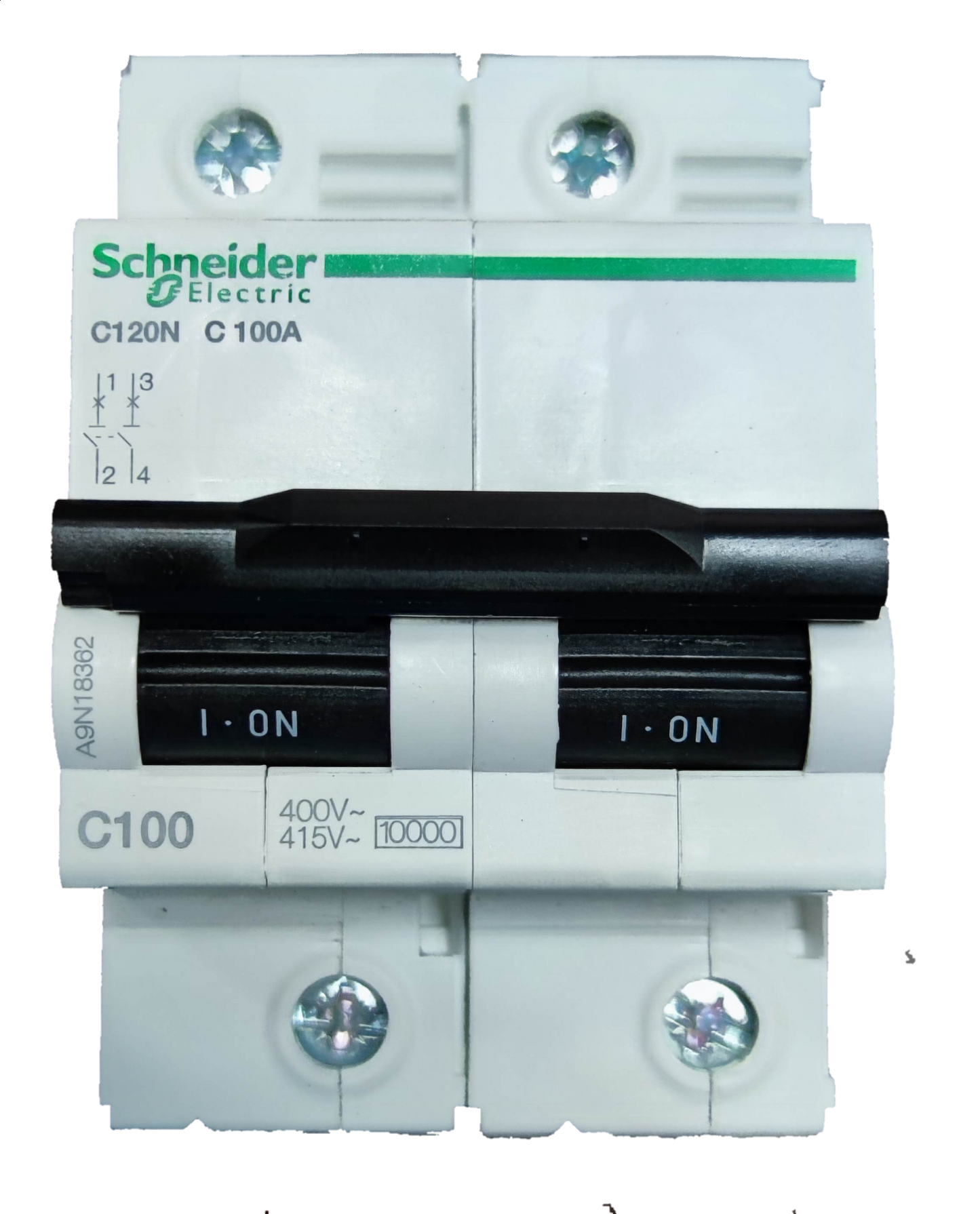 Schneider 100A Miniature Circuit Breaker 2 Pole white electrical protection device with black switch