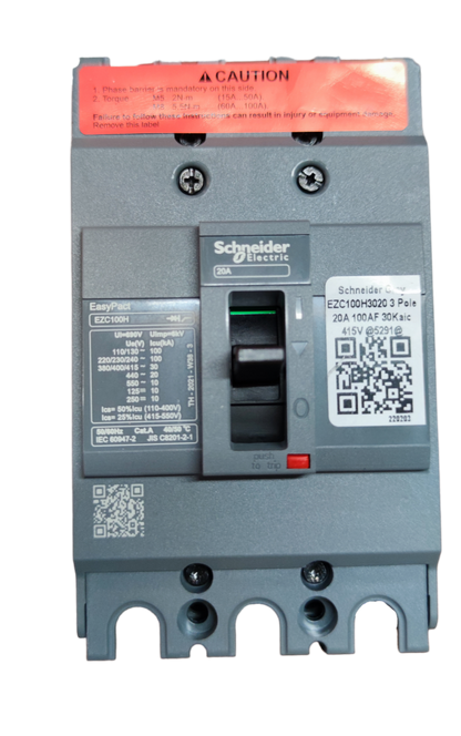 Schneider 20A 3 Pole Industrial Circuit Breaker with EasyPact EZC100H model for electrical protection