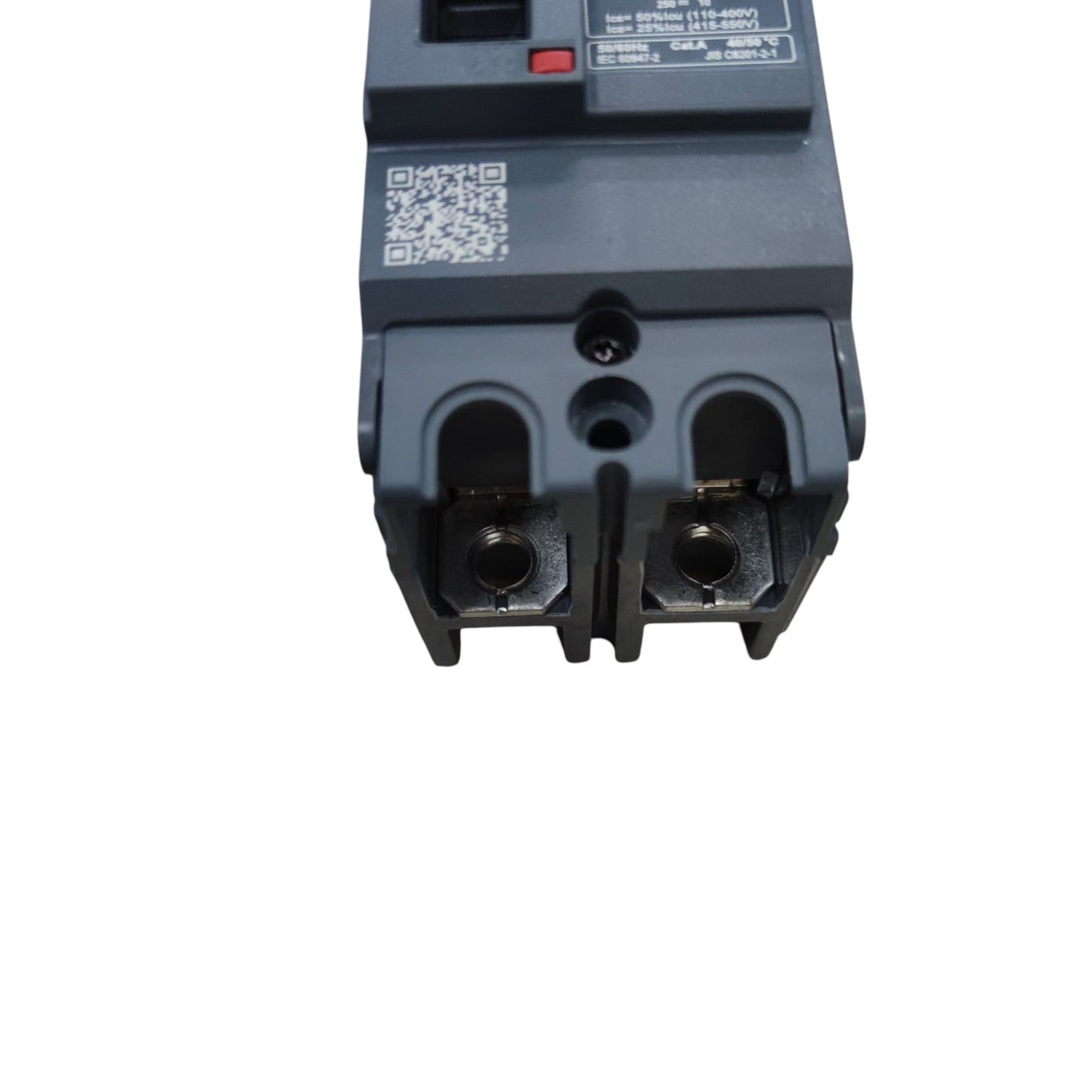 Schneider 30A 2 Pole Breaker Industrial Easy Pact showing front view with dual bottom line terminals and QR code label