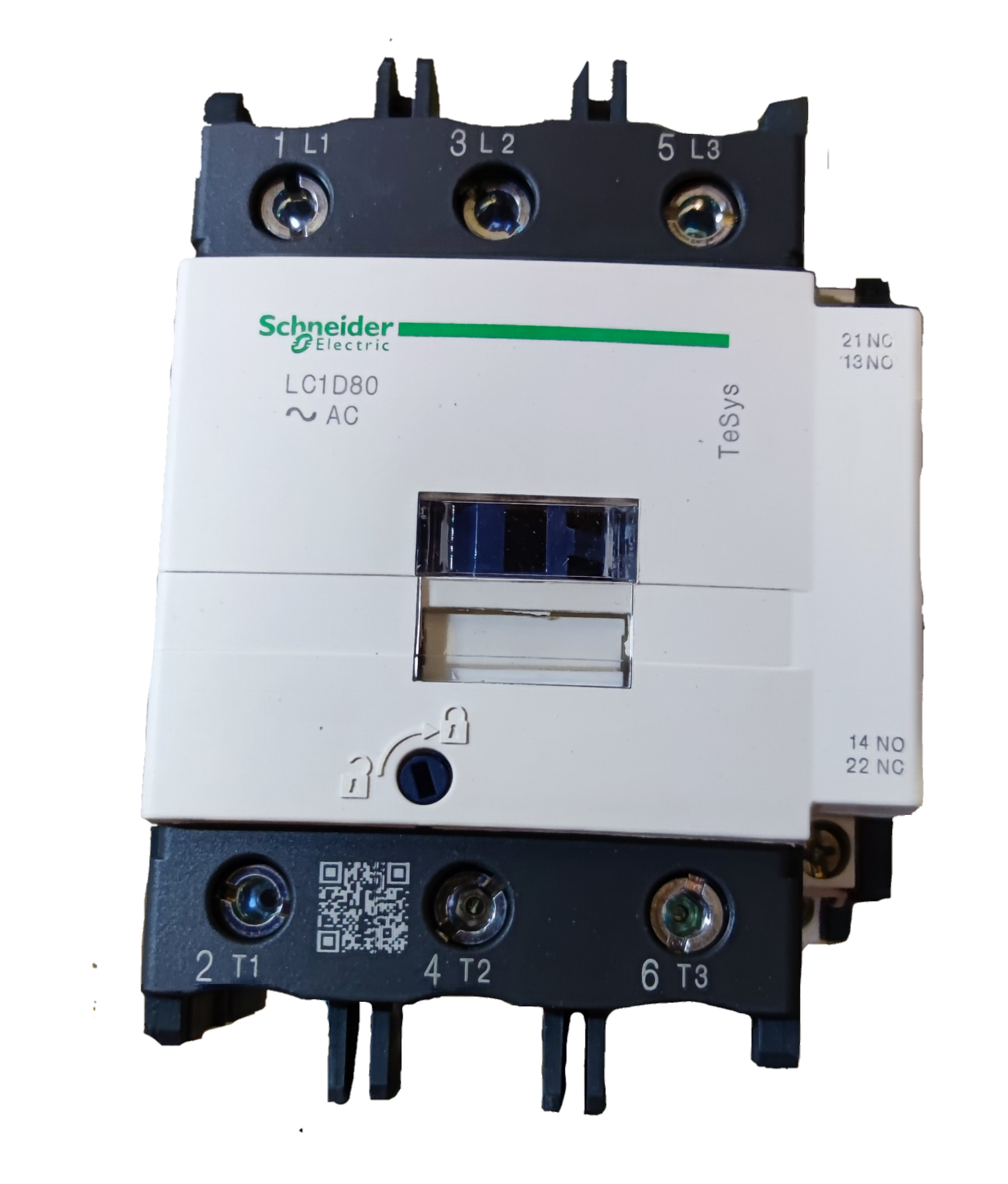 Schneider Magnetic Contactor 80A 220V Coil electrical component with labeled terminals and white casing