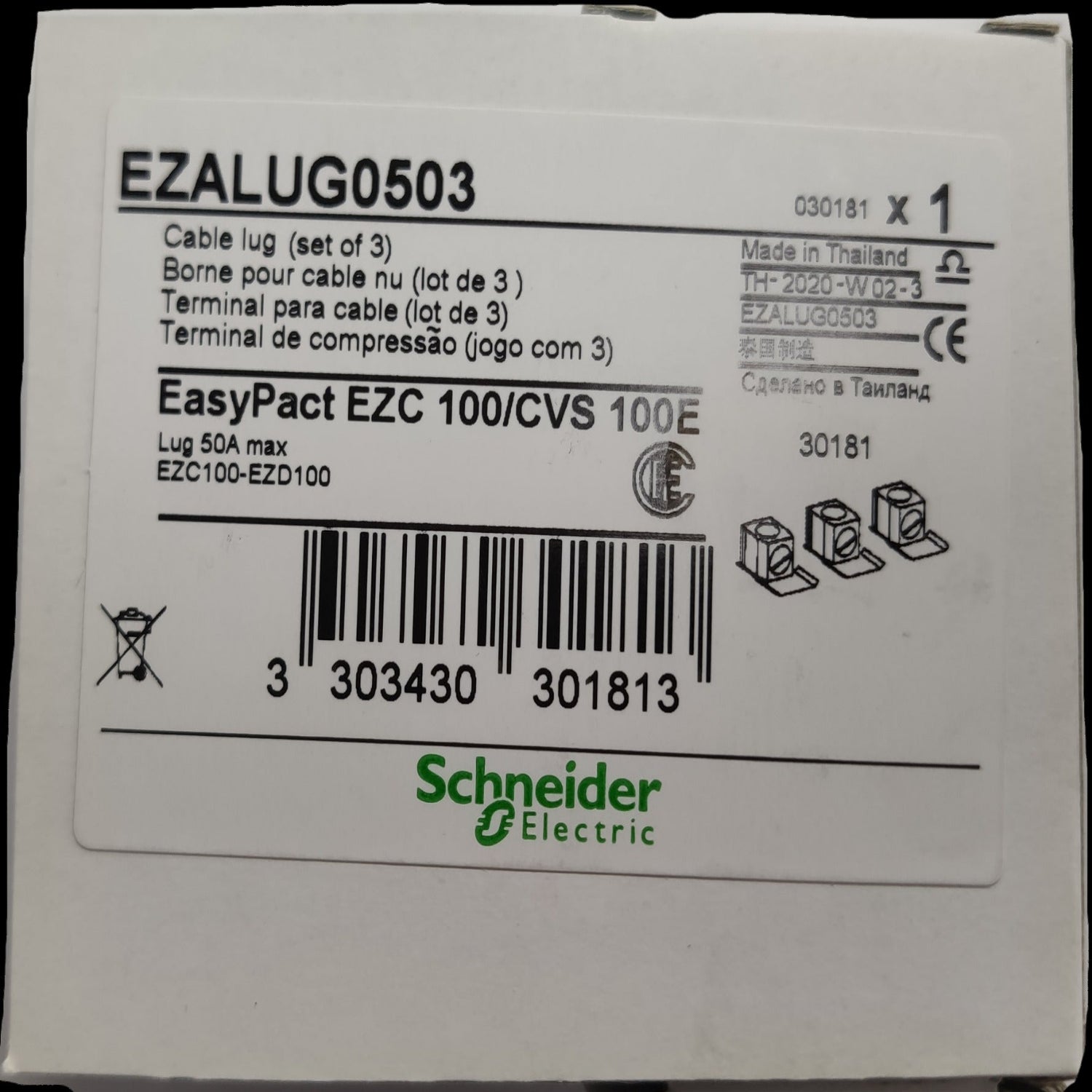 Schneider Mechanical Lugs for 50A EZC Breakers EasyPact EZC 100 cable lugs set of 3 in white box