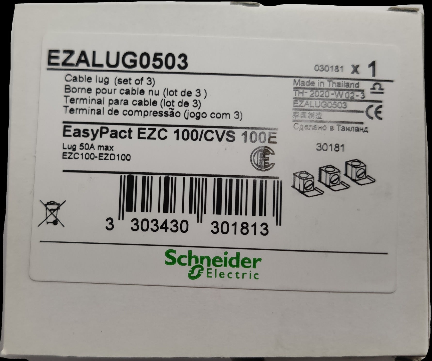 Schneider Electrical Mechanical Lugs for 50A EZC in branded packaging box EZALUG0503