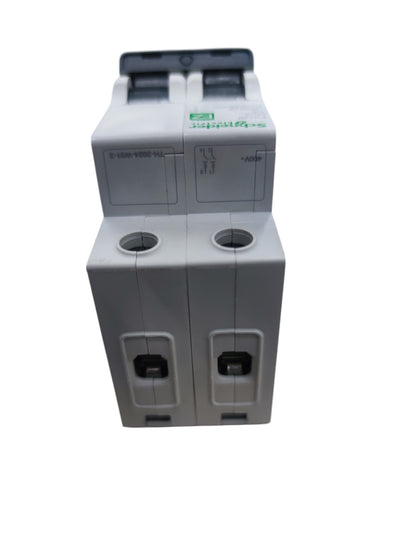Schneider Easy9 2 pole circuit breaker white modular DIN rail mount with dual screw terminals and safety label
