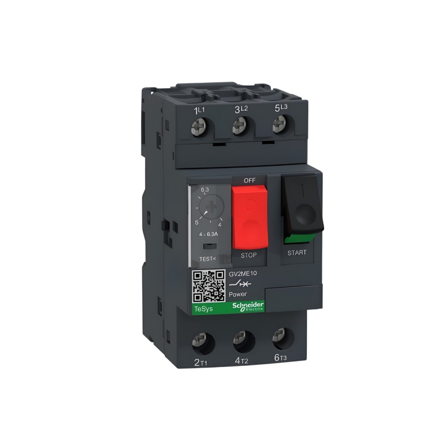 Schneider TeSys 3 phase breaker 4A-6.3A 690V molded case motor protection with red stop and green start buttons