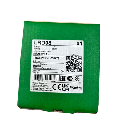 Schneider LRD08 Overload Relay 4A packaging showing model details and specifications for electrical applications
