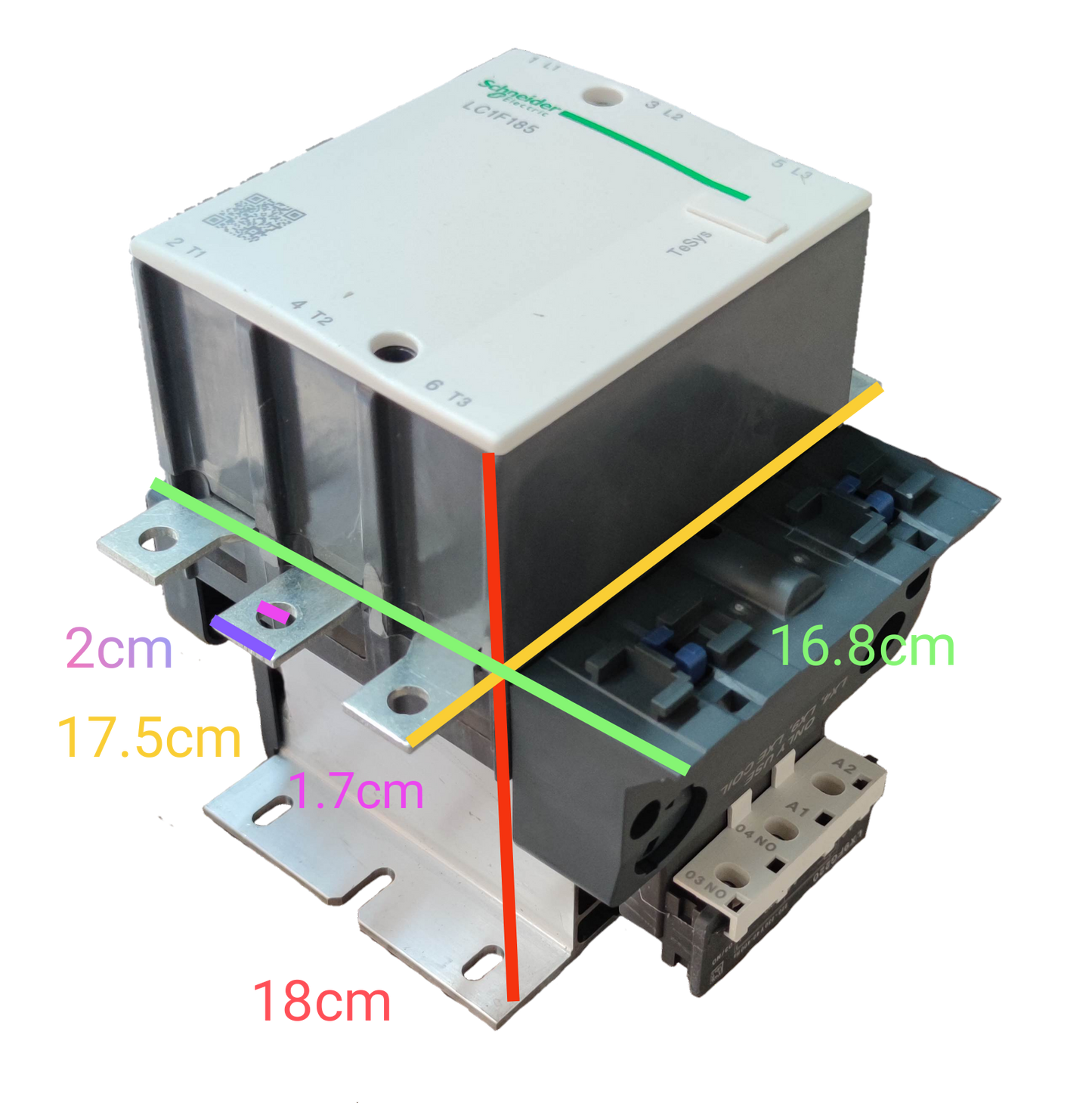 Schneider Magnetic Contactor 185A 220V with detailed dimensions for electrical installation