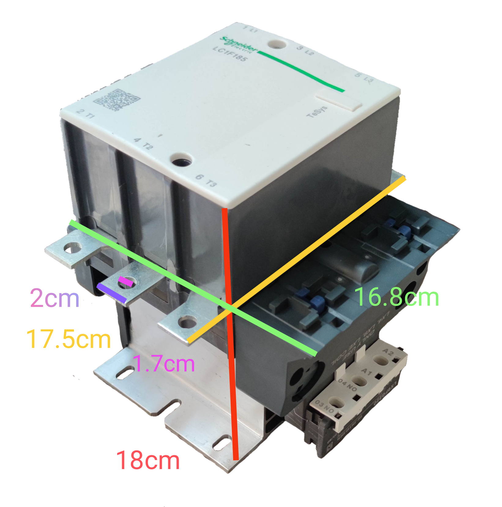 Schneider Magnetic Contactor 185A 220V with detailed dimensions for electrical installation