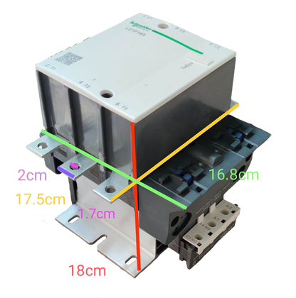 Schneider Magnetic Contactor 185A 220V with detailed dimensions for electrical installation