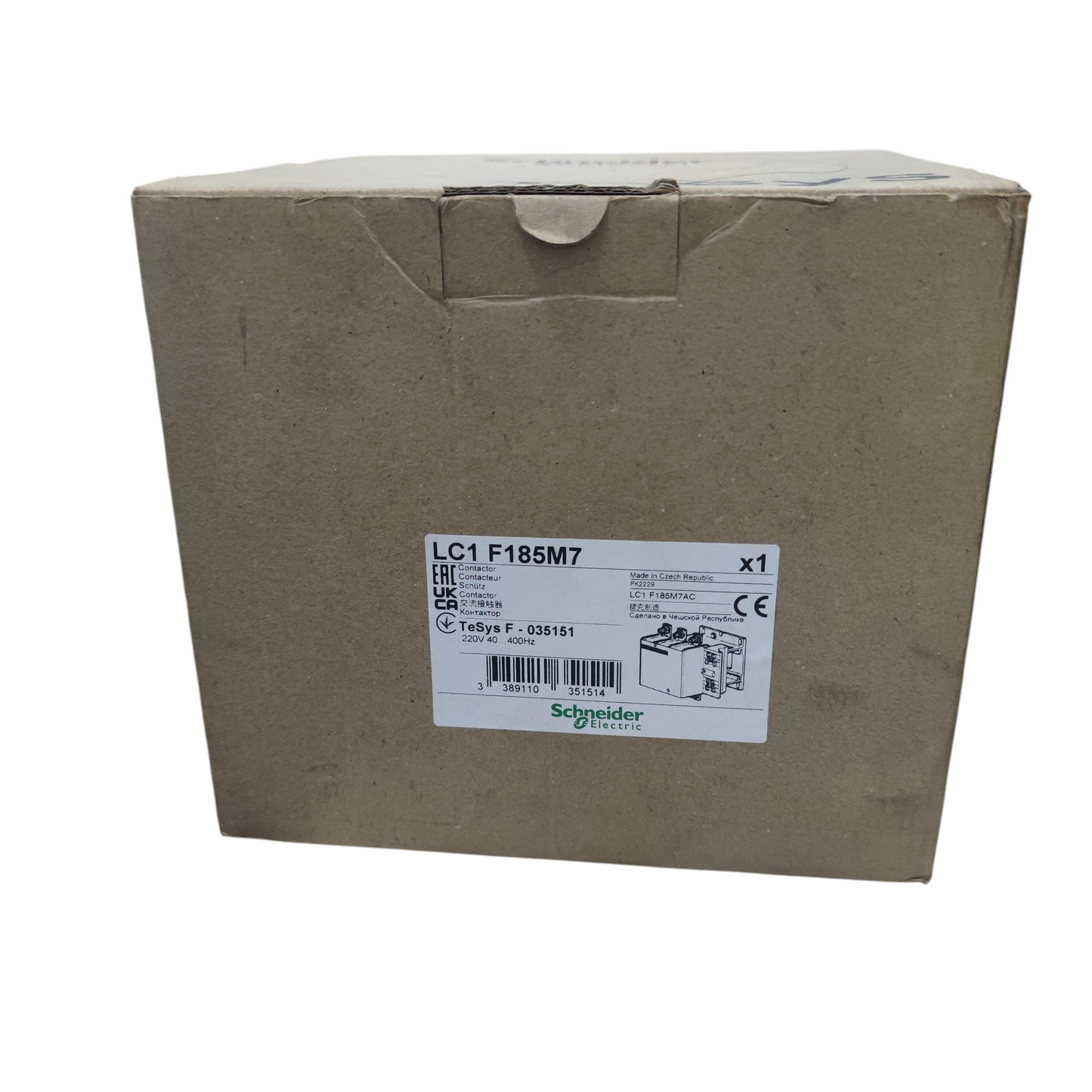 Schneider LC1 F185M7 packaging for Magnetic Contactor 185A 220V with clear labeling and product details