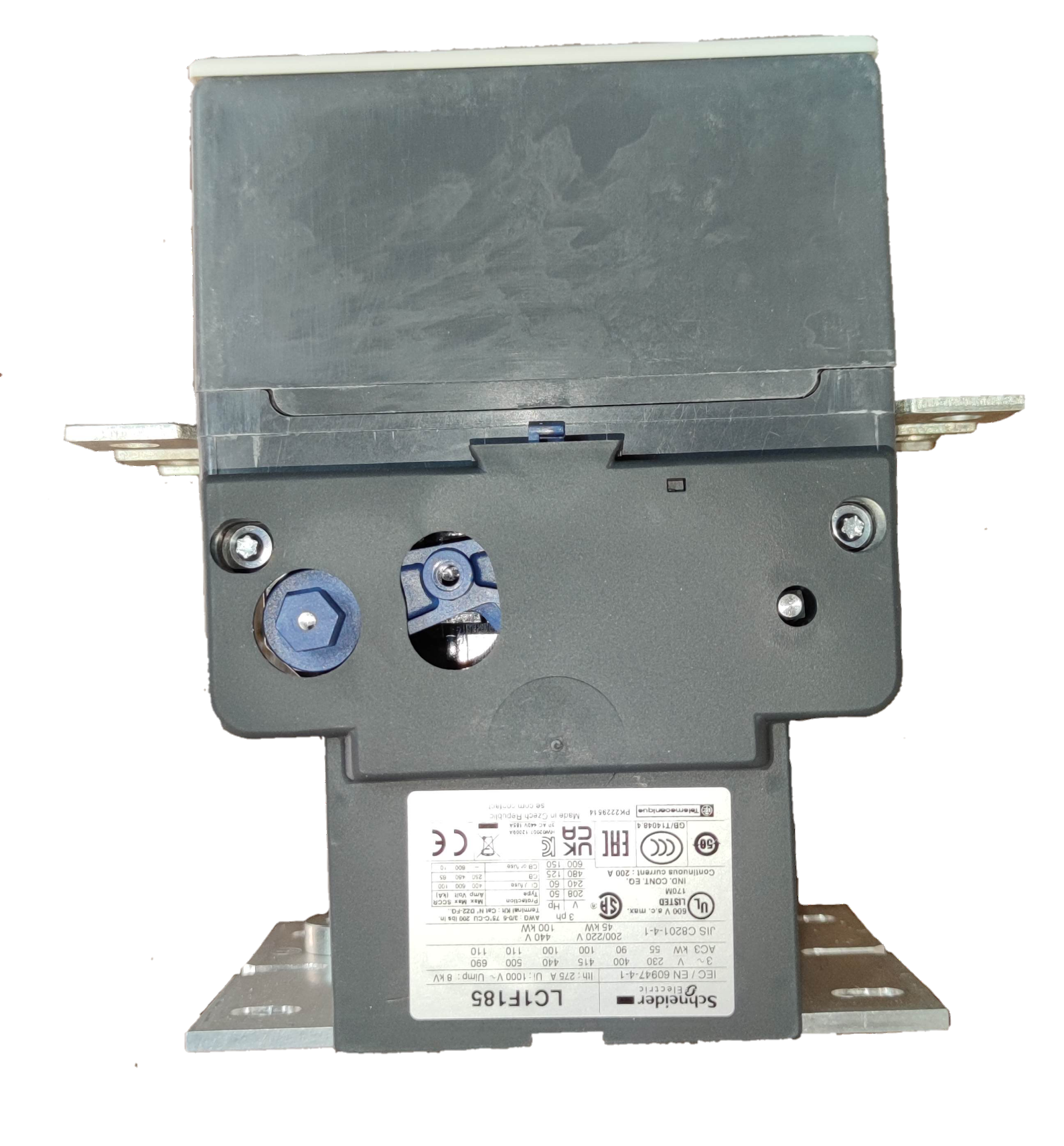 Schneider Magnetic Contactor 185A 220V with clear labeling and mounting brackets for electrical applications