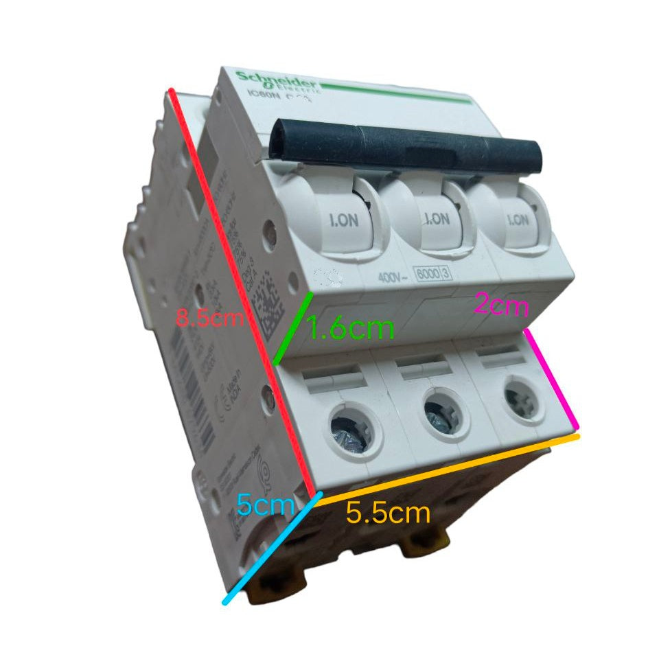 Schneider Miniature Circuit Breaker 10A 3 Pole 6KAIC with labeled dimensions for installation