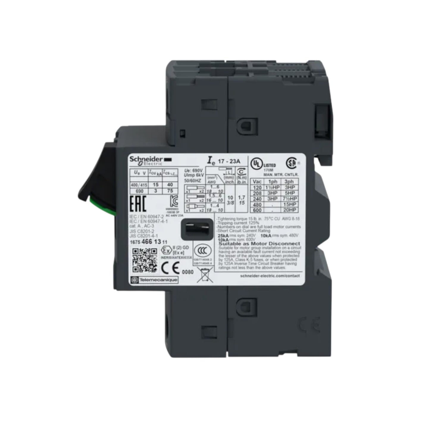 Schneider Motor Pretection Breaker 17A-23A 690V modular gray DIN rail motor protection relay with label