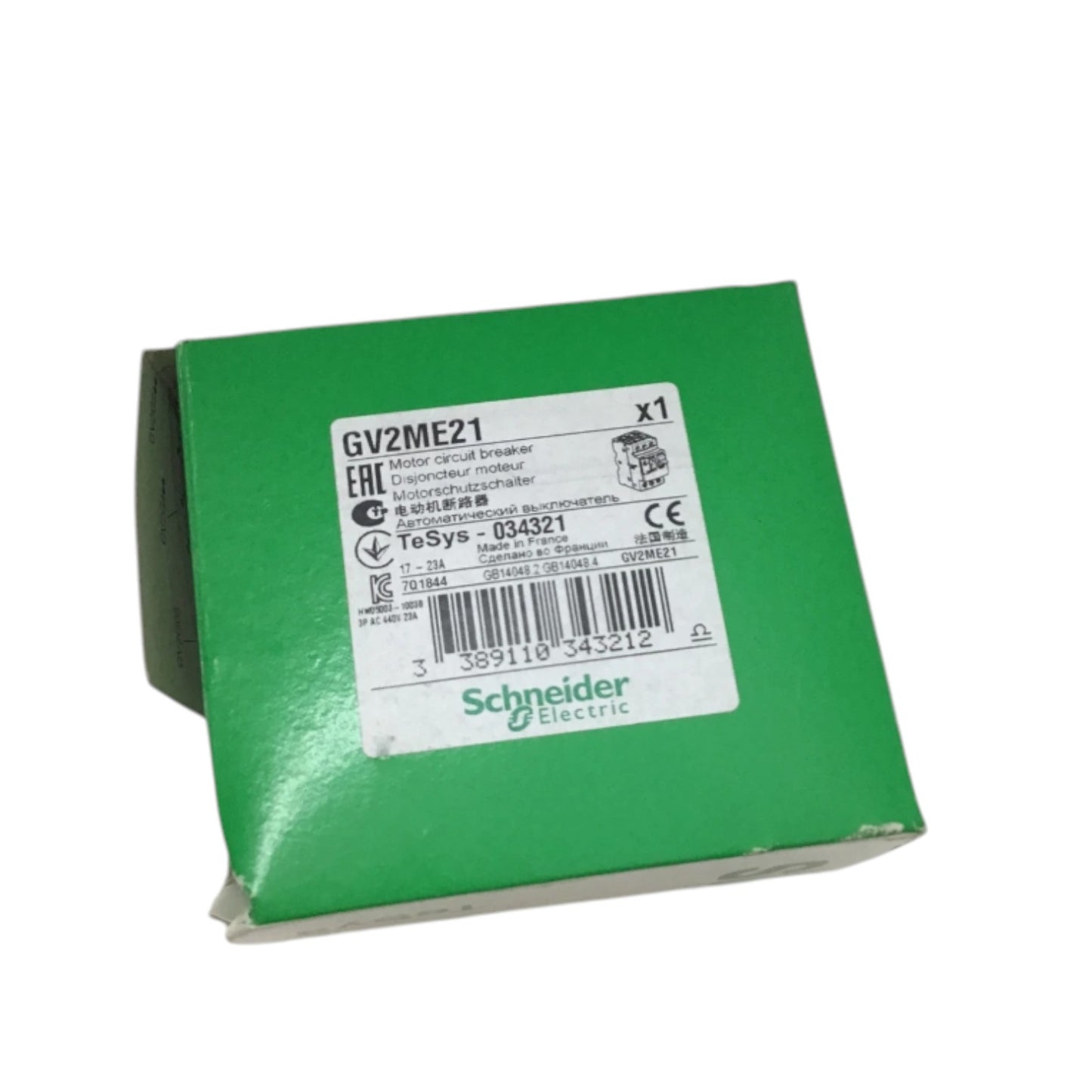 Schneider Electric green box labeled GV2ME21 containing Motor Pretection Breaker 17A-23A 690V for motor protection