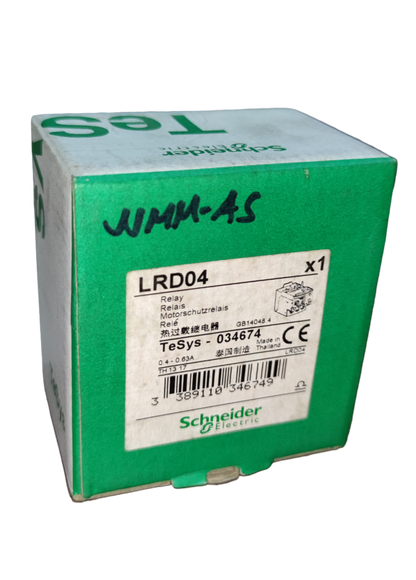 Schneider LRD04 Overload Relay packaging with detailed product information and specifications