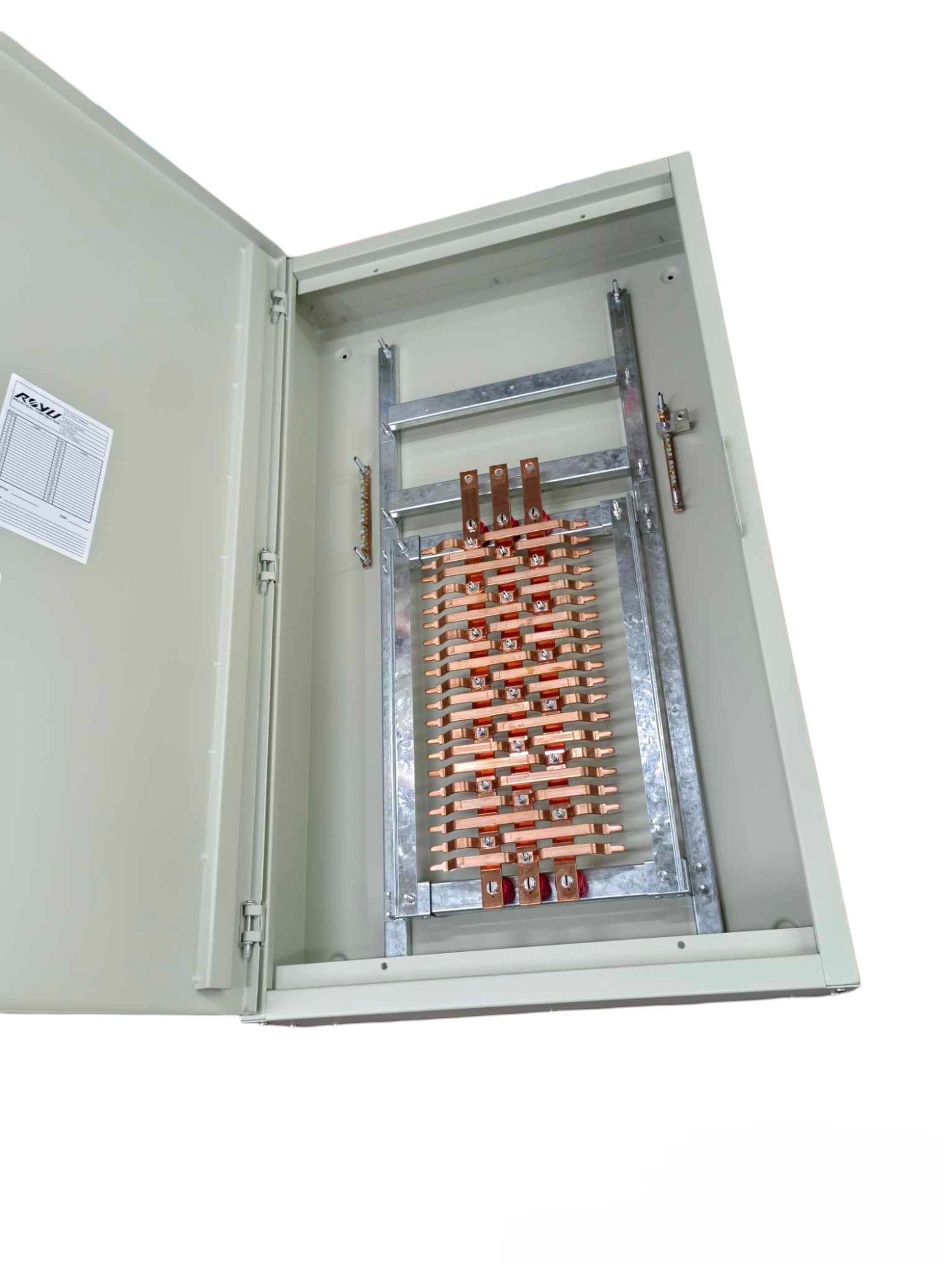 Open Schneider panel board with MCB showing internal copper busbars and metal frame for electrical distribution