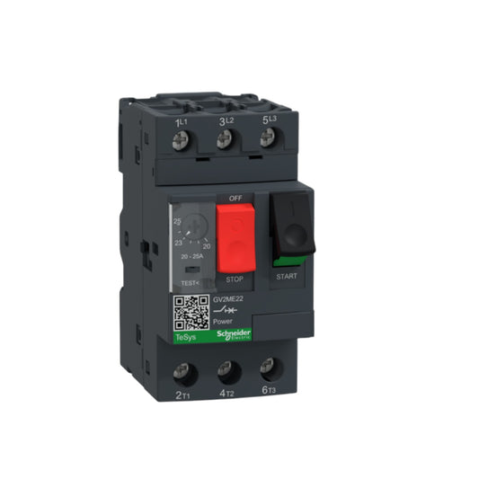 Schneider TeSys 3 Phase 20A-25A Max 690V motor protection breaker with red stop and green start buttons