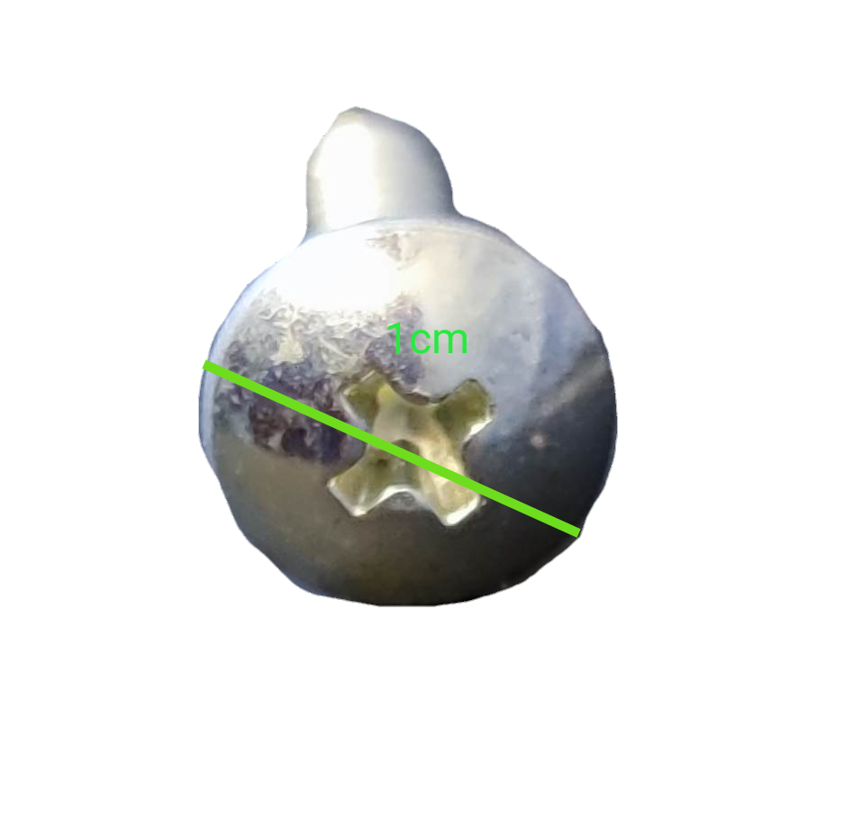 Close-up of a silver 1x2 cm Phillips screw pack showing detailed head design for hand tools