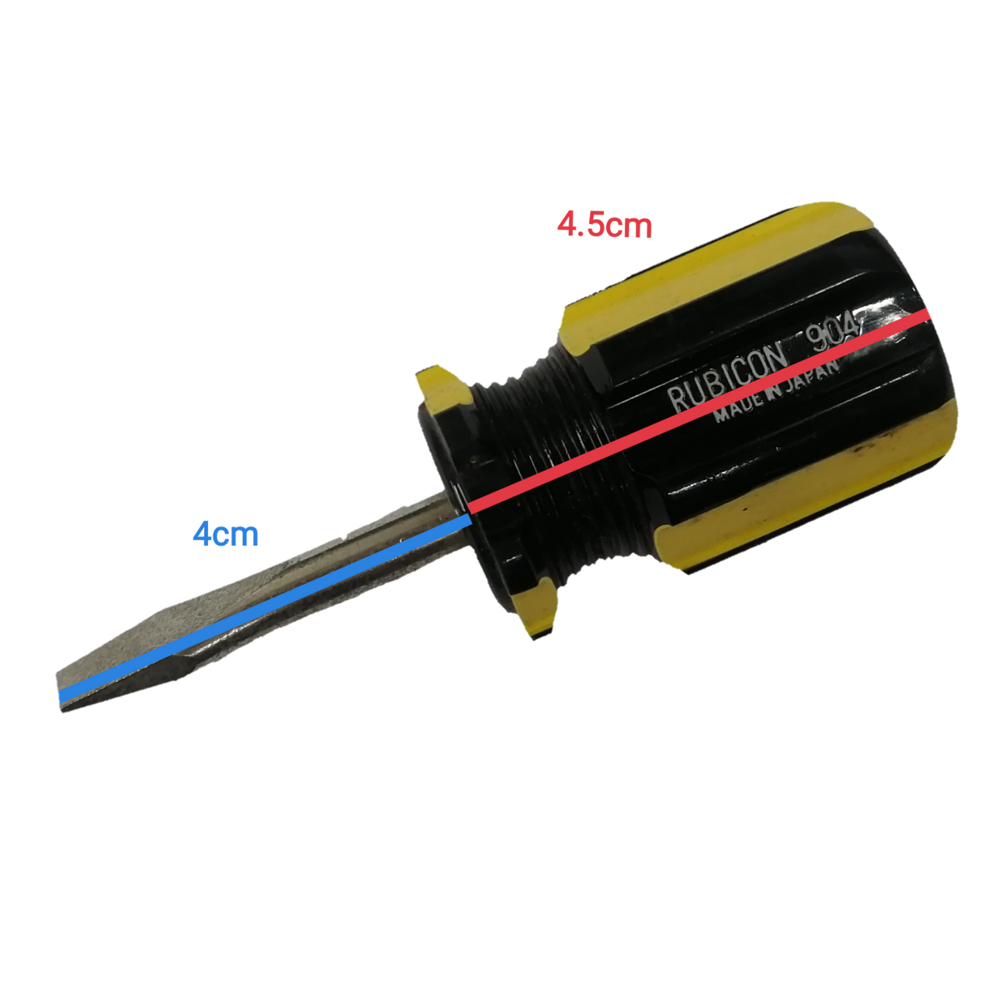 Rubicon Screw Driver Made in Japan with a black handle and yellow accents, measuring 4.5cm in length