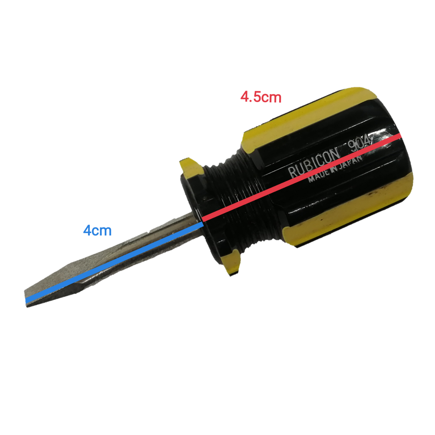 Rubicon Screw Driver Made in Japan with a black handle and yellow accents, measuring 4.5cm in length