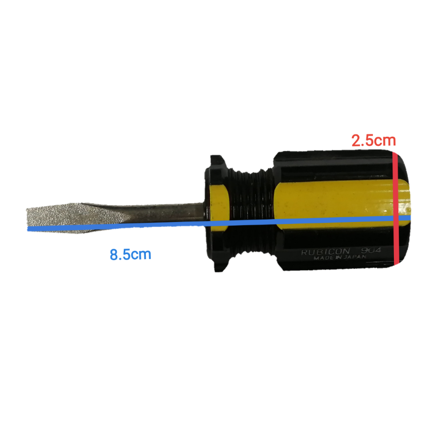 Screw Driver Made in Japan Rubicon with a yellow handle and a flat tip for precise fastening