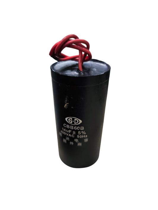 CBB 14uF 400V Capacitor black cylindrical electrical component with red wires