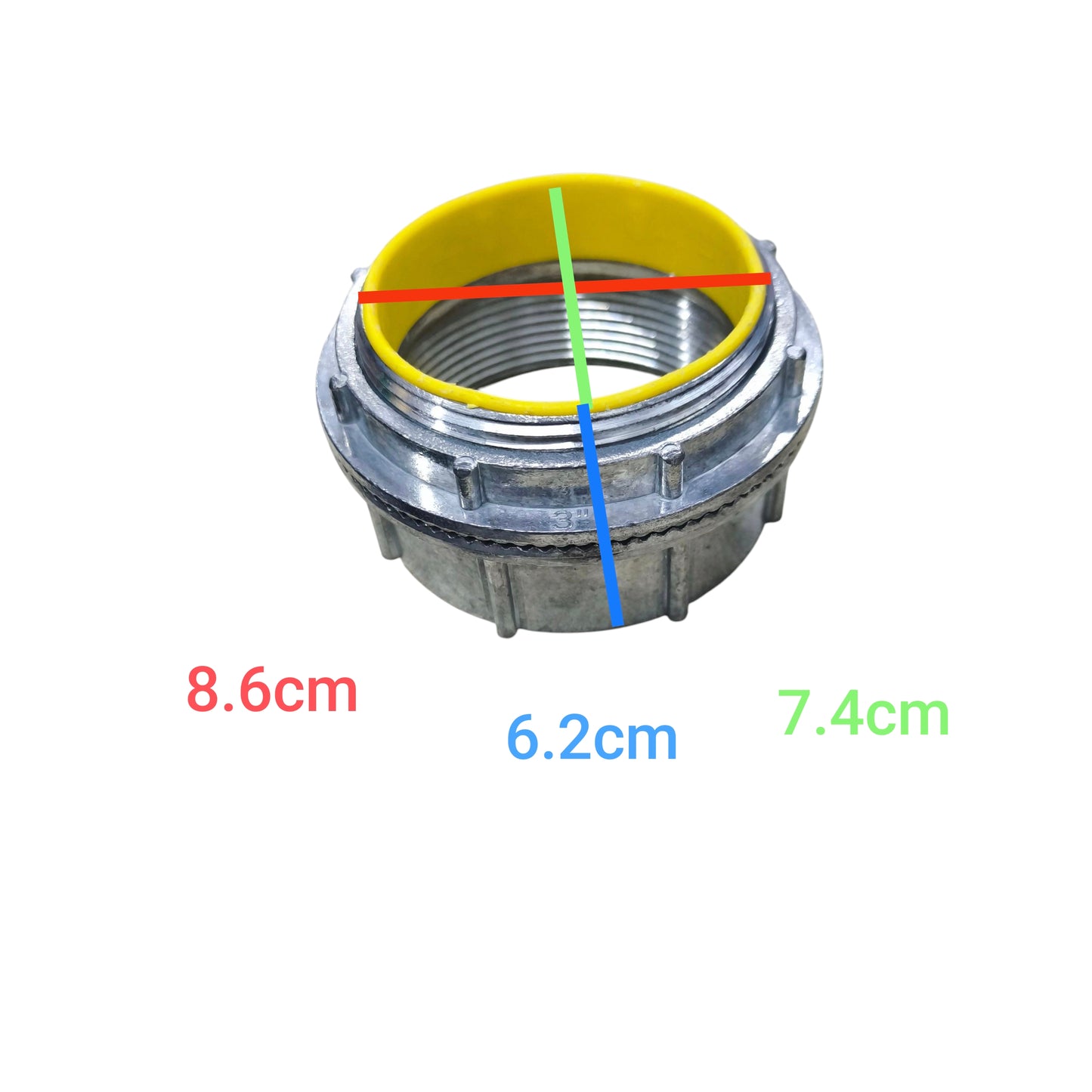 China 3 Inch Water Tight Hub 86mm metal conduit hub with yellow gasket and threaded interior dimensions labeled