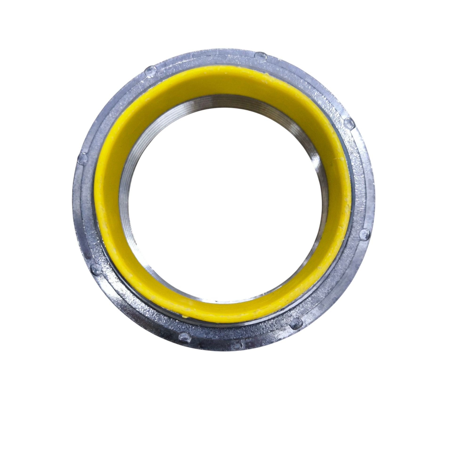 3 Inch Water Tight Hub 86mm metal pipe hub with yellow rubber seal and internal threads for hose connections
