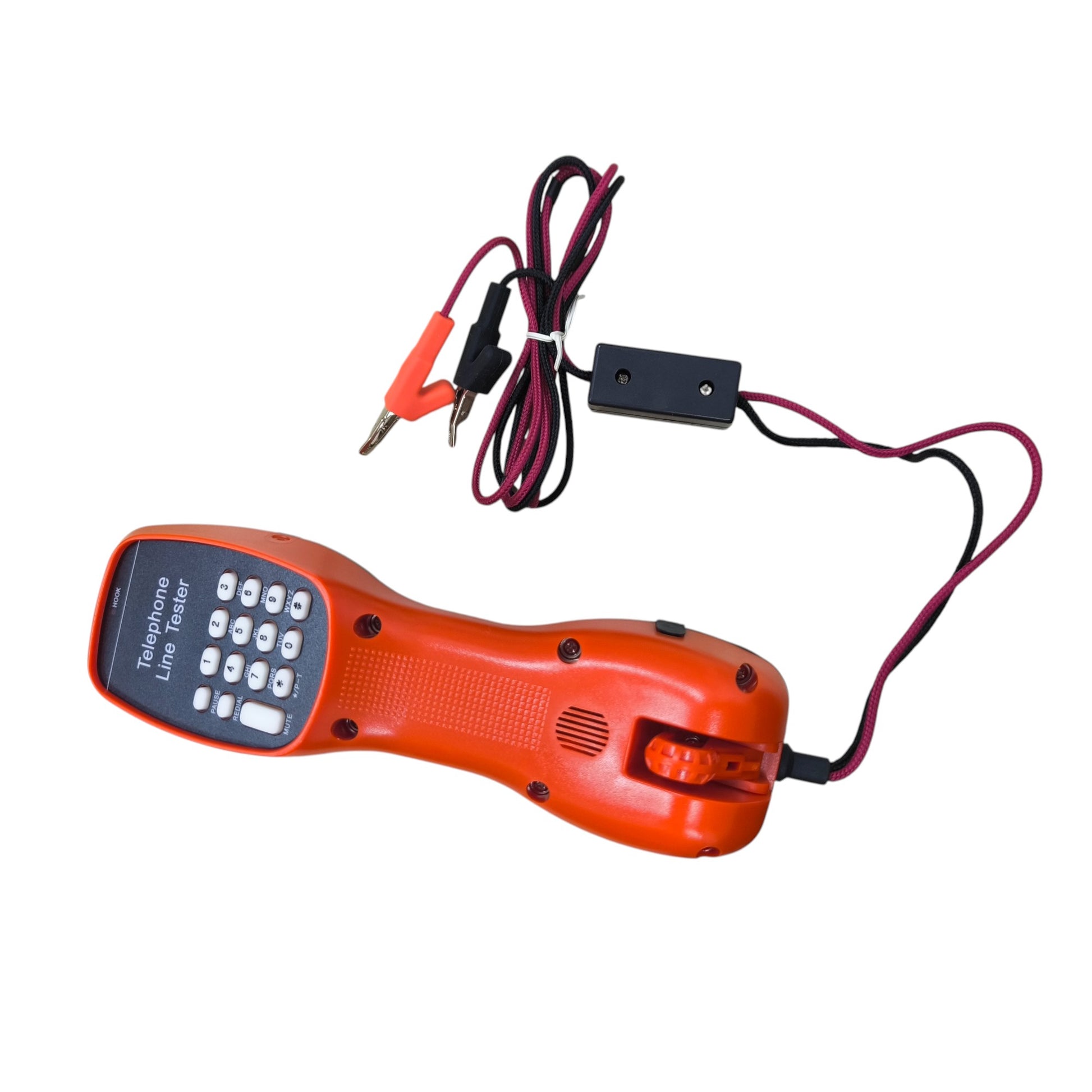 Senter Telephone Line Teste orange handheld line tester with keypad speaker and alligator clip leads