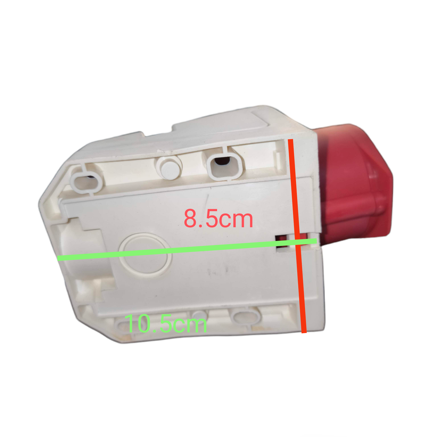 White Sassin Industrial Outlet 380V Wall Type with red angled plug housing and mounting base showing dimensions