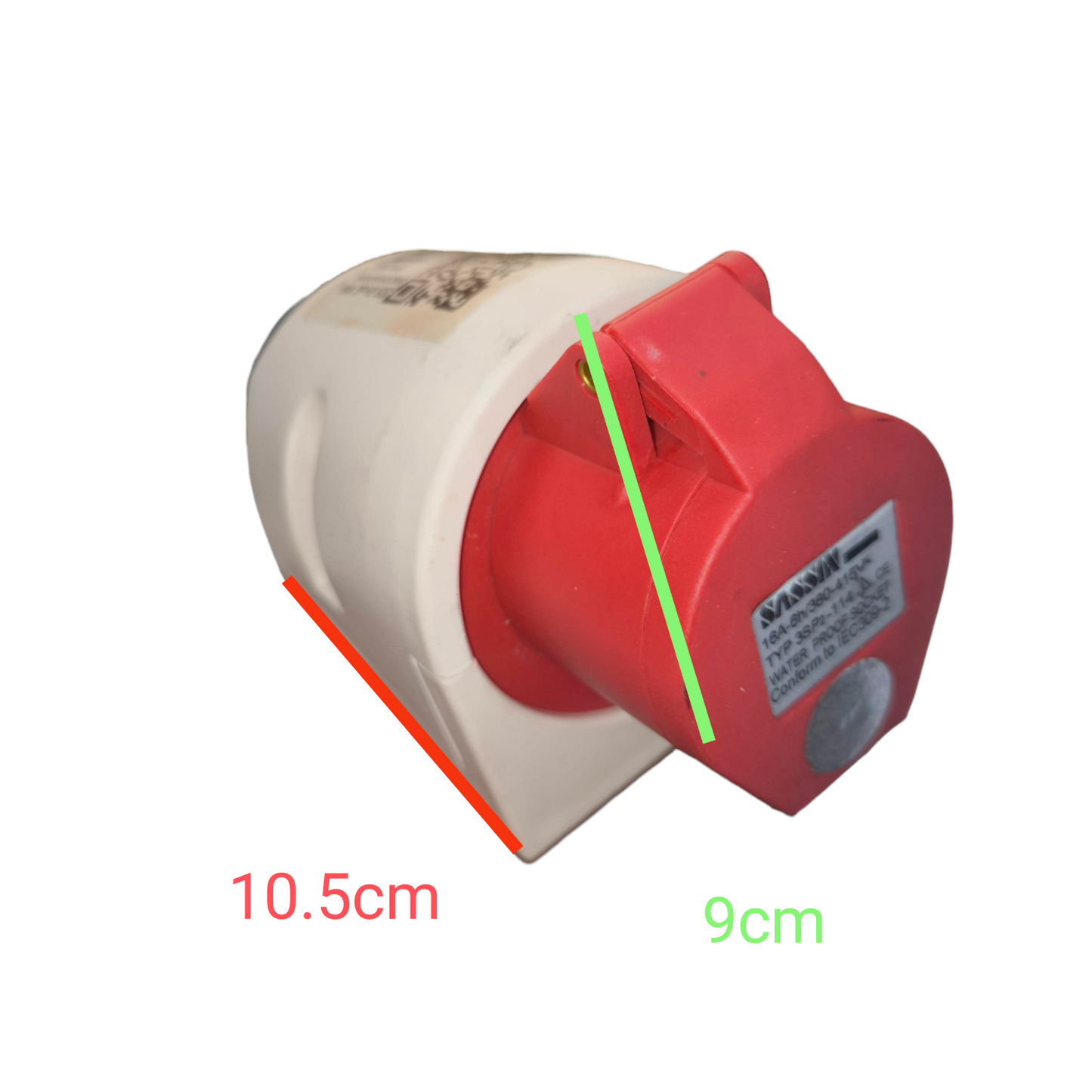 Sassin Industrial Outlet 380V Wall Type red and white angled wall socket with hinged protective cover and size markings