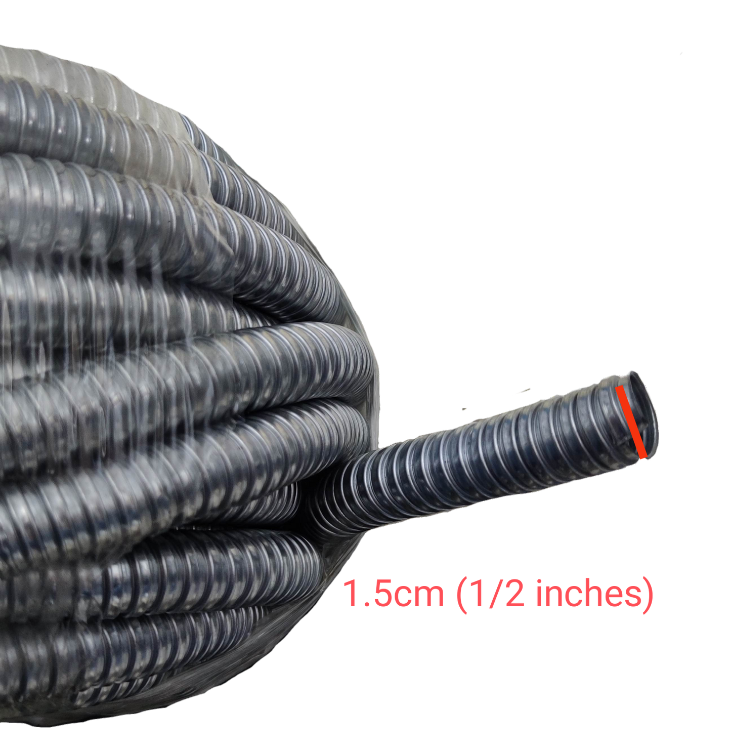 Shieldcon 15mm Metal Flexible Hose coiled with visible corrugated texture for electrical conduit