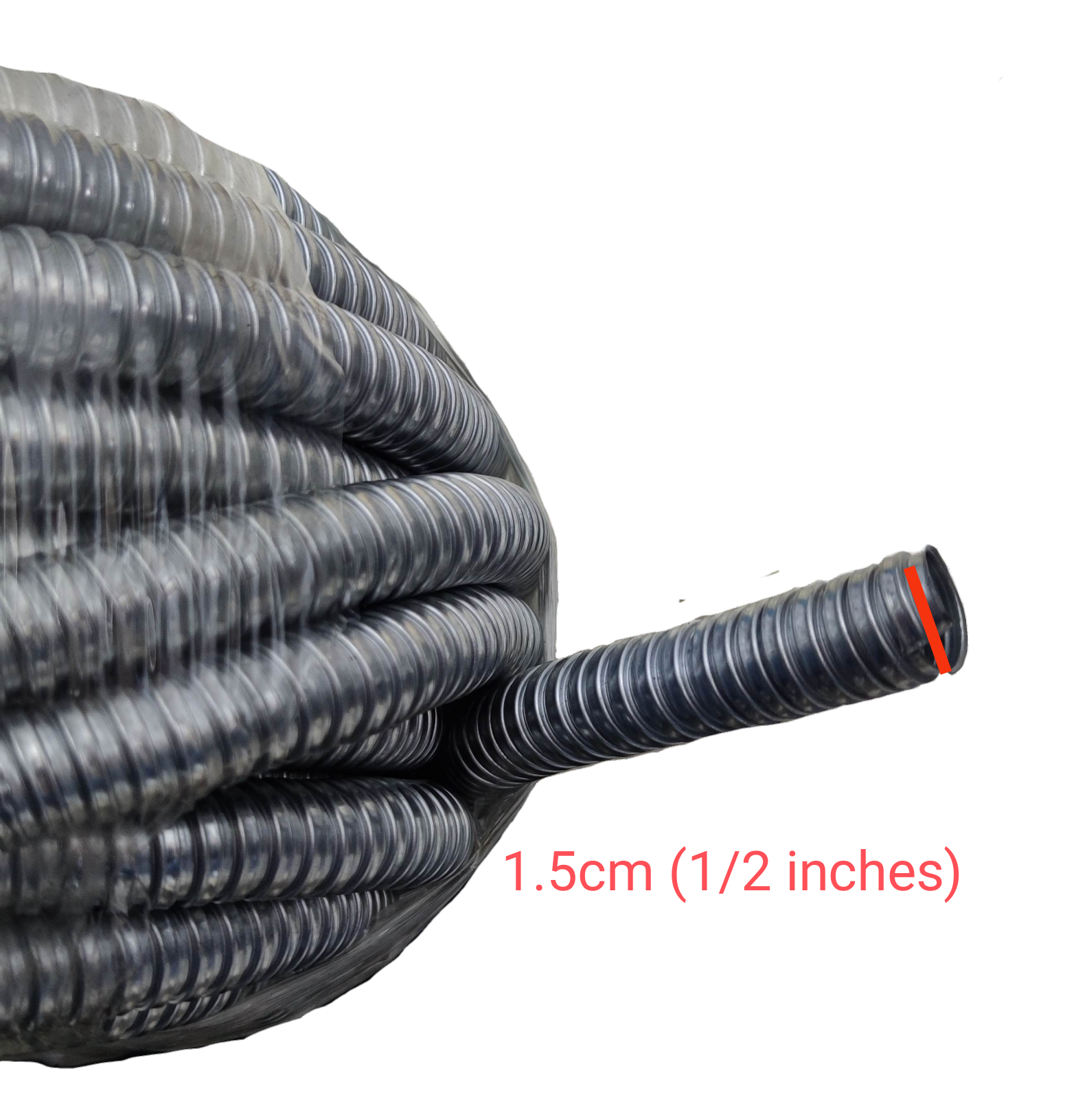 Shieldcon 15mm Metal Flexible Hose coiled with visible corrugated texture for electrical conduit