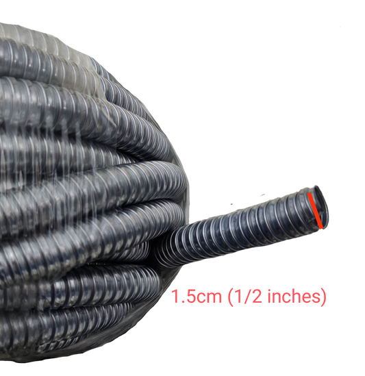 Shieldcon 15mm Metal Flexible Hose coiled with visible corrugated texture for electrical conduit