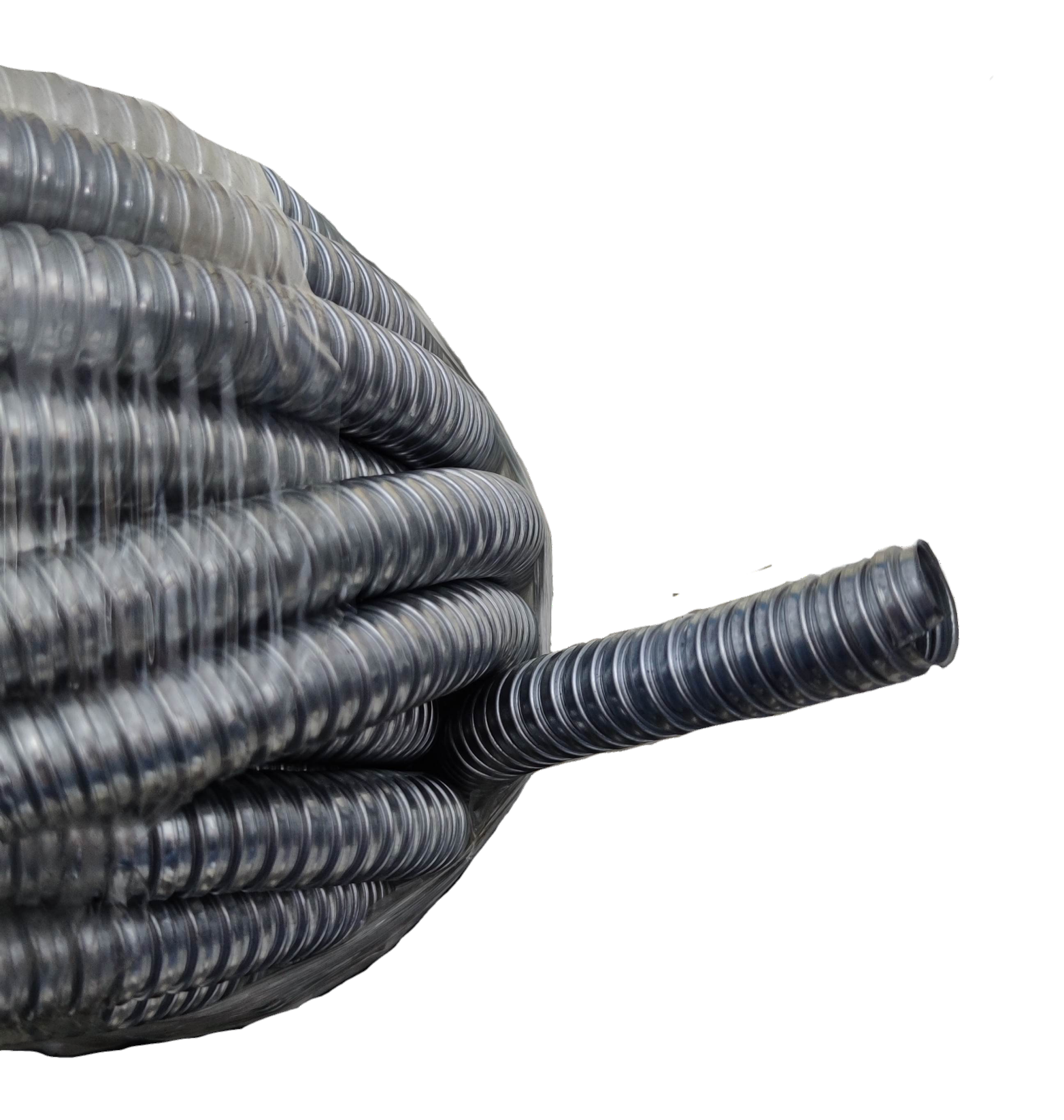 Shieldcon 15mm Metal Flexible Hose coiled with protective ridges on a black background
