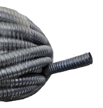 Shieldcon 15mm Metal Flexible Hose coiled with protective ridges on a black background