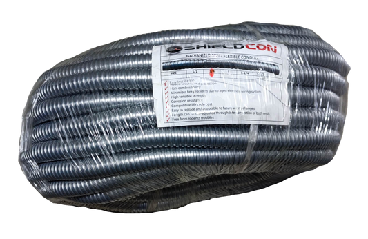 Shieldcon 20mm Metal Flexible Hose coiled and packaged, made of galvanized steel for electrical circuitry and parts