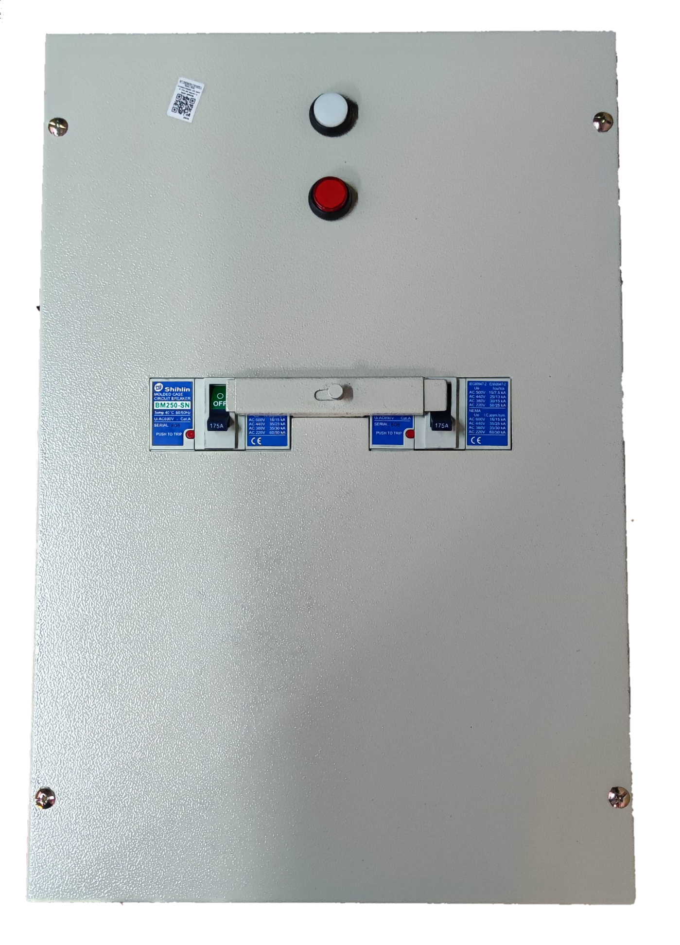 Shihlin 175A MTS 2 Pole Single Pole electrical circuit breaker in a white control panel box