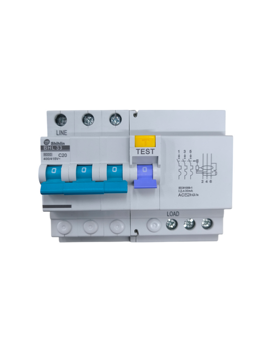Shihlin 20A 3 Pole Earth Leakage Circuit Breaker with blue switches and test button for electrical safety