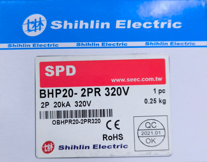 Shihlin Electric 20kV 2P 320V Surge Protective Device label showing model BHP20-2PR 320V with certification marks