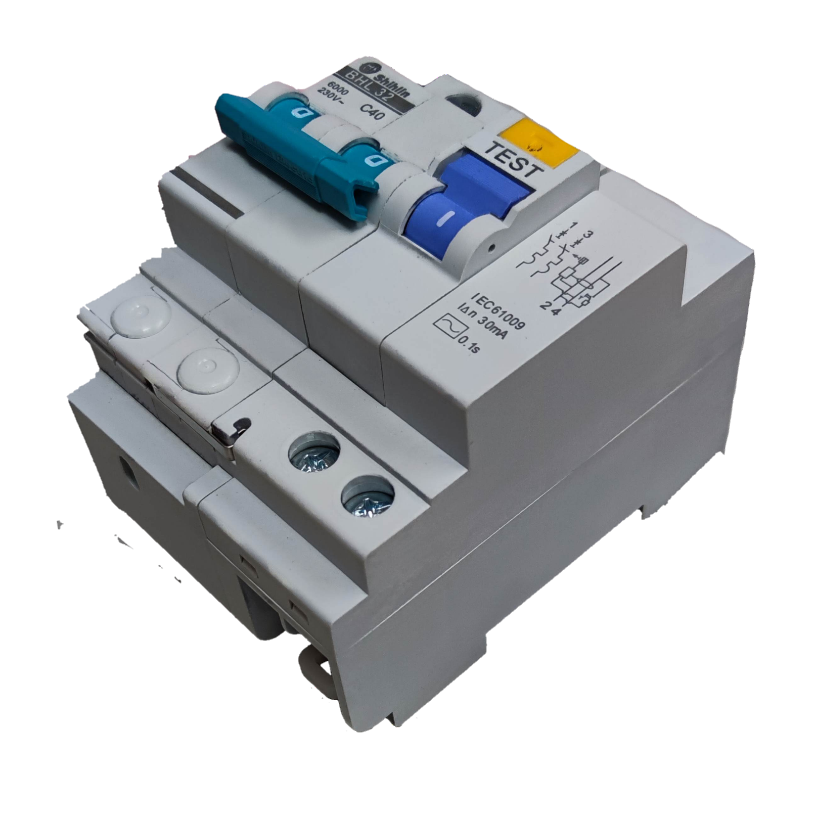 Shihlin 40A Residual Circuit Breaker with test button and blue and teal switches for electrical safety