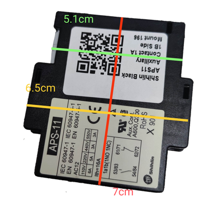 Shihlin Auxiliary Contact 1NO-1NC electrical component with labeled dimensions 7cm by 6.5cm and 5.1cm