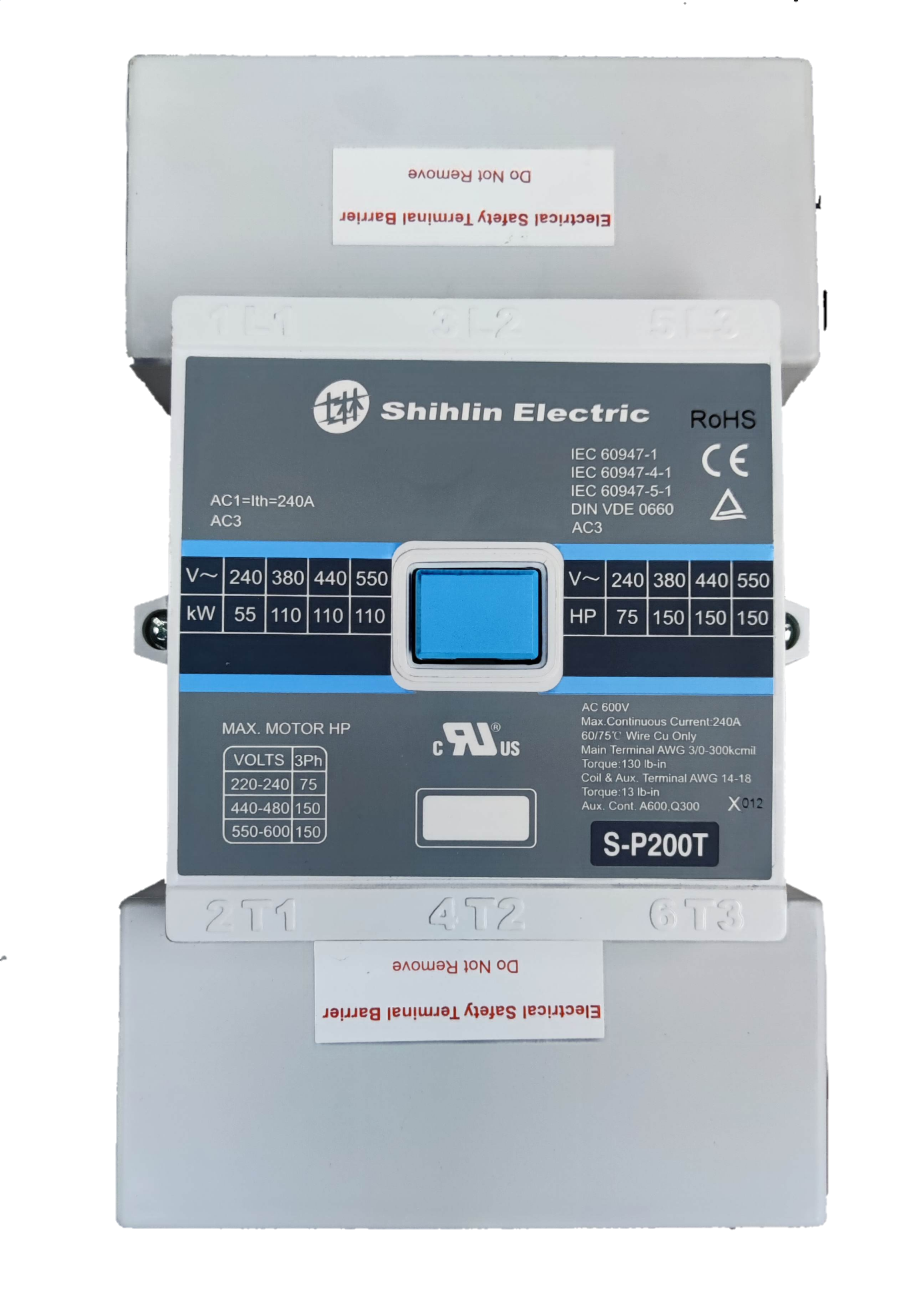 Shihlin Magnetic Contactor 200A 220V industrial power switch with blue button and multiple voltage ratings