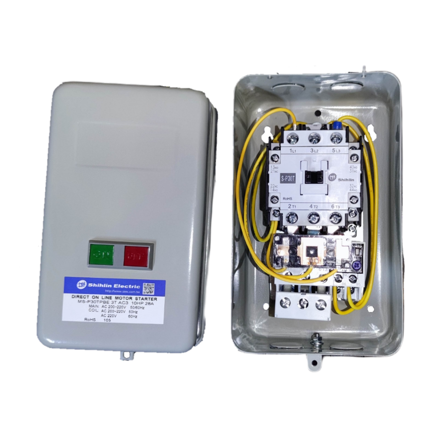 Shihlin Magnetic Starter 28A 10 HP 3 Phase 220V electrical circuitry with control buttons and internal wiring