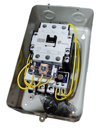 Shihlin Magnetic Starter 54A 20HP 3 Phase mounted inside a metal enclosure with yellow wiring