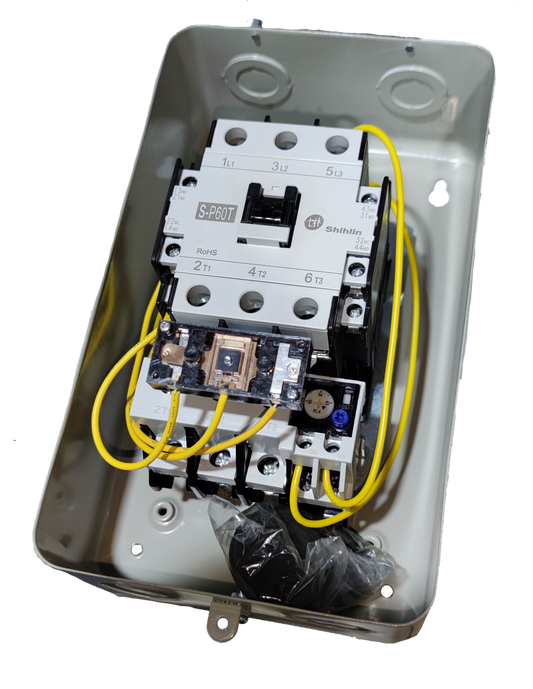 Shihlin Magnetic Starter 54A 20HP 3 Phase mounted inside a metal enclosure with yellow wiring