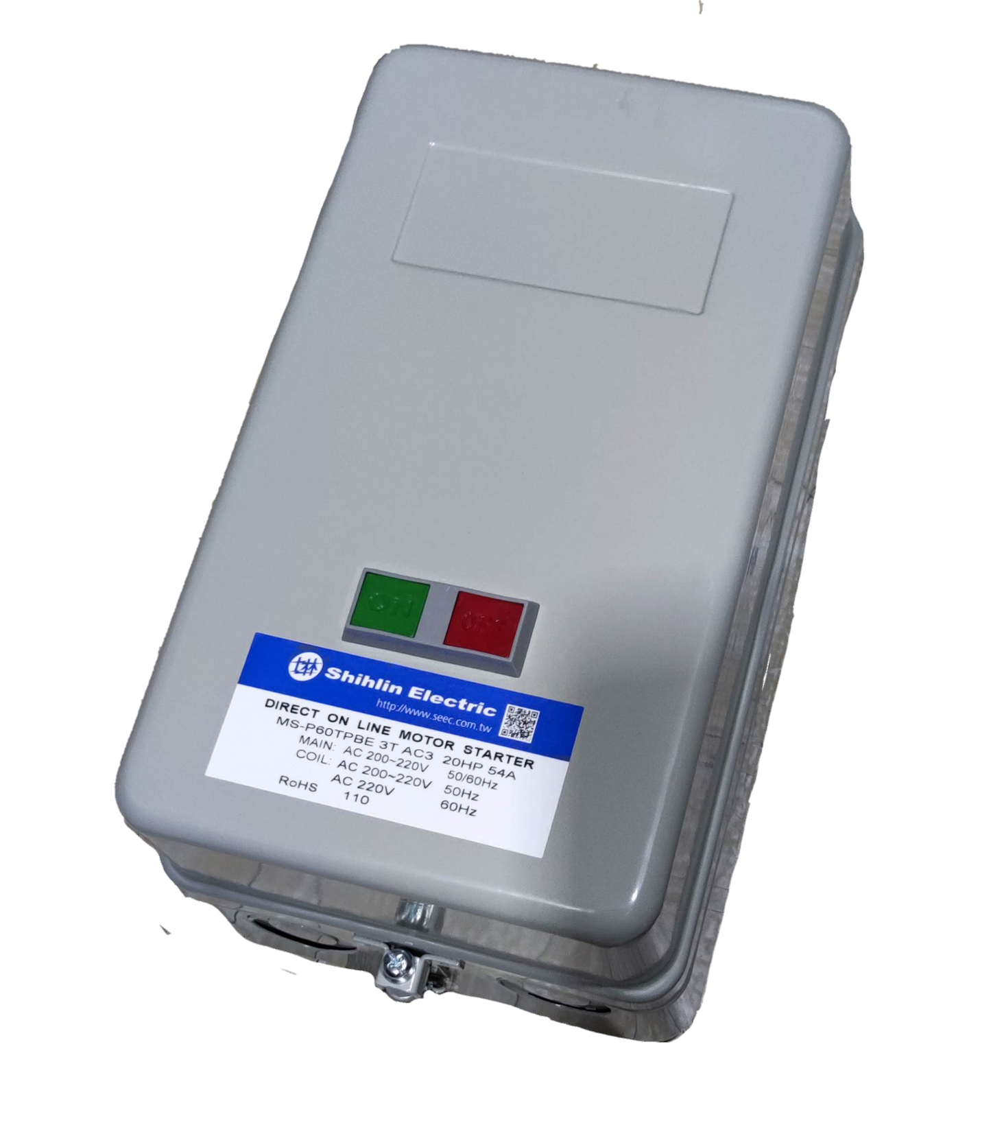 Shihlin Magnetic Starter 54A 20HP 3 Phase motor starter with On Off switches in gray casing