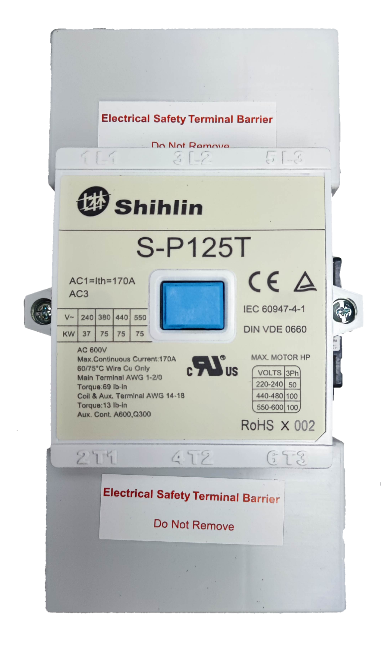 Shihlin magnetic contactor 175A model S-P125T with electrical safety terminal barrier and voltage specifications
