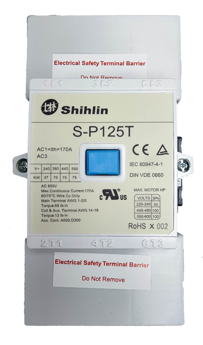 Shihlin magnetic contactor 175A model S-P125T with electrical safety terminal barrier and voltage specifications